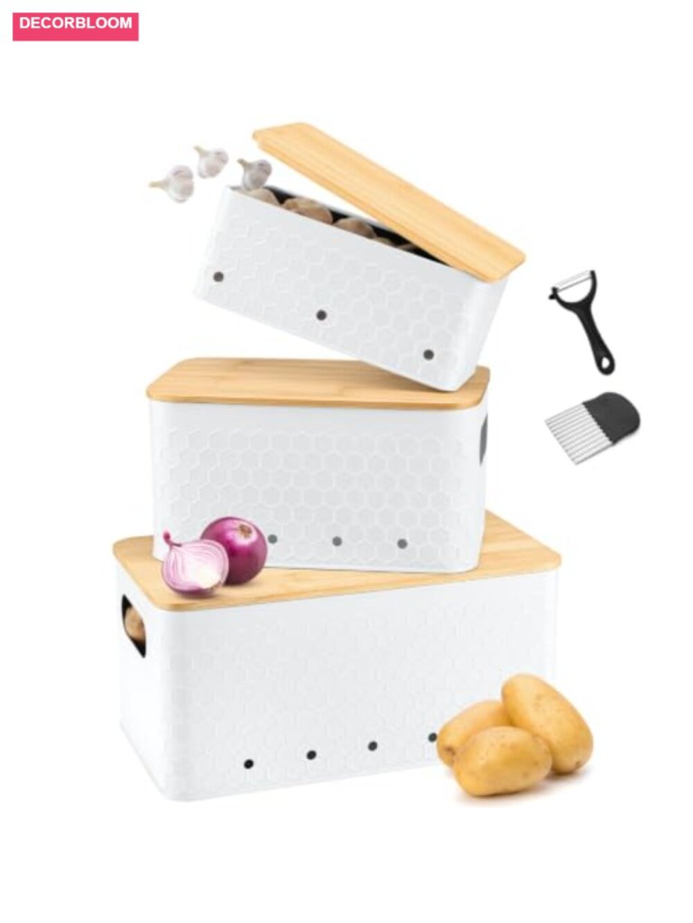 Metal Vegetable Storage Set 3 Kitchen Canisters Bamboo Lid Vented